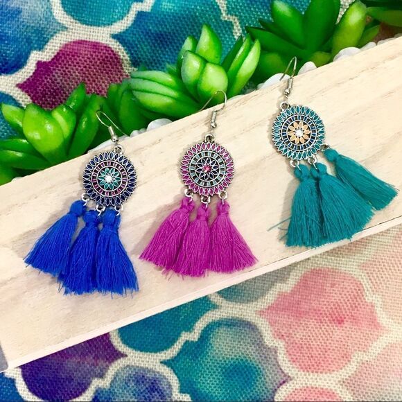 Multi Color Tassel Boho Dreamcatcher Earrings - Picture 2 of 8